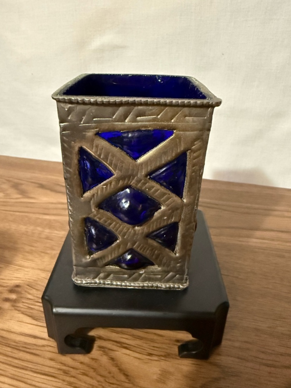 Blue Glass Vase with Metal Lattice or candle holder